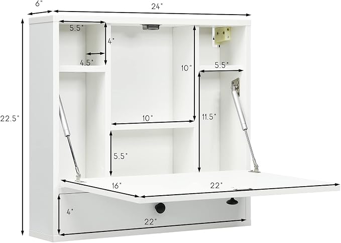 Tangkula Wall Mounted Desk, Pneumatic Floating Laptop Desk with Magnetic Foldable Tabletop, Space Saving Wall Mounted Table Wall Desk with Storage Drawer and Shelves (White)
