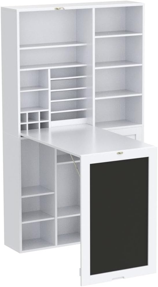 Utopia Alley Fold Down Wall Desk with Storage Shelves – Space Saving Murphy Desk Cabinet for Home Office, Craft Room, Apartment & Small Spaces, White
