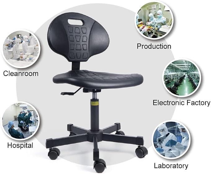 Ergonomic Polyurethane Chair with Heavy Duty Steel Base, 16"-21" Height Adjustment, Firm Task Chair for Automotive, Lab, Cleanroom, Home