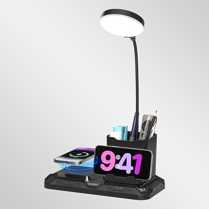 KDD 4 in 1 Desk Lamp with Wireless Charger - 360° Rotating Gooseneck Small Table Lamp with Pen Holder & Phone Stand, Adjustable White and Warm Light Dual Mode LED Desk Light for College Dorm Room