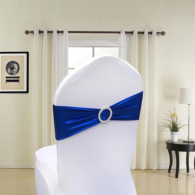 Tvoip 10PCS Chair Cover Stretch Band with Buckle Slider Sashes Bow Wedding Banquet Chair Decoration (Metallic Royal Blue)