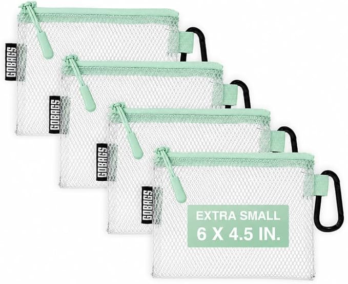 GOBAGS Air Production Extra Small Clear Zipper Pouch (4-Pack) – Cable Organizer & Travel Gear Bag for Electronics, Camera Accessories, Tool Pouch & Small Tech Storage (Mint Green)