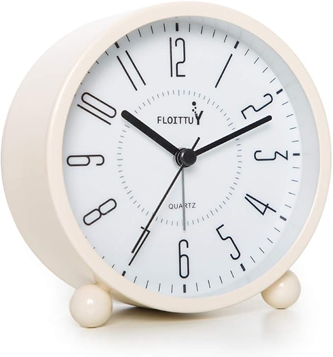 FLOITTUY Super Silent Metal Alarm Clock,Beep Wake Round Alarm Clock with Night Light,Battery Operated,Easy Set,Simple & Retro for Desk, Bedroom and Home Decoration(Creamy White)