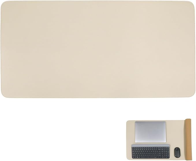 Large Double Sided Desk Mat 31.5" x 15.7" PU Leather Cork Mouse Pad | Large Light Apricot Overlocked Edge Desk Pad Protector for Office Home Gaming Laptop Vanity, Overlocked with Matching Thread