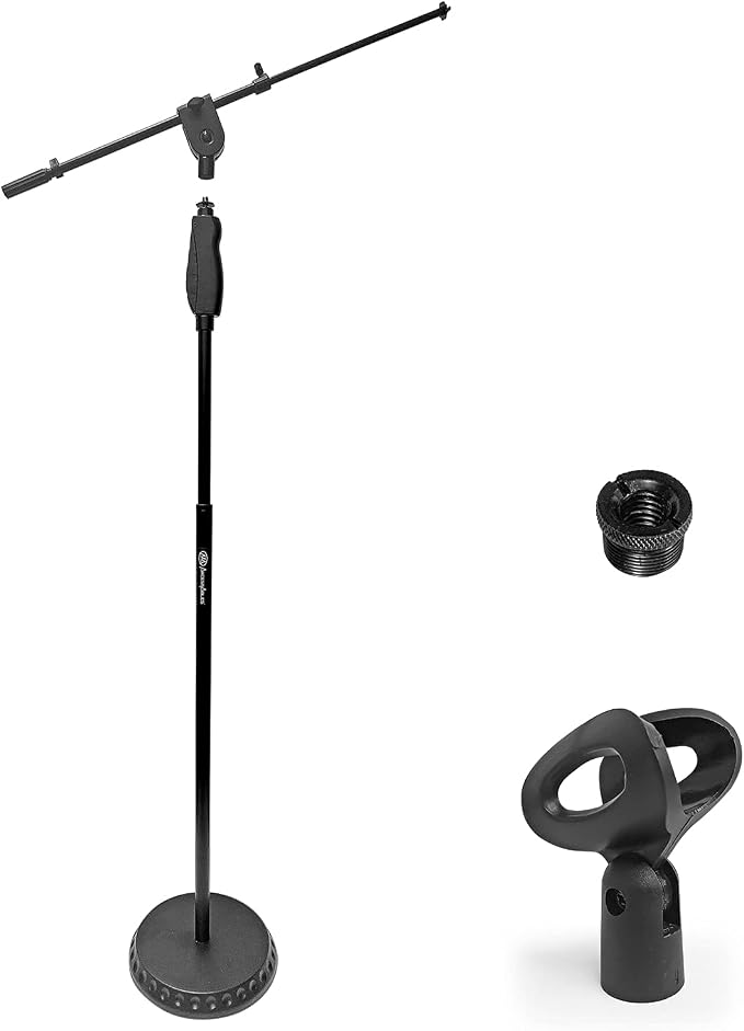AxcessAbles Weighted Mic Stand Floor with Heavy Round Base, Quick Grip Height Adjustment - 74" Microphone Stand Include 33" Detachable Mic Boom Arm. Tall Microphone Stand for Singing (MS-201RB)