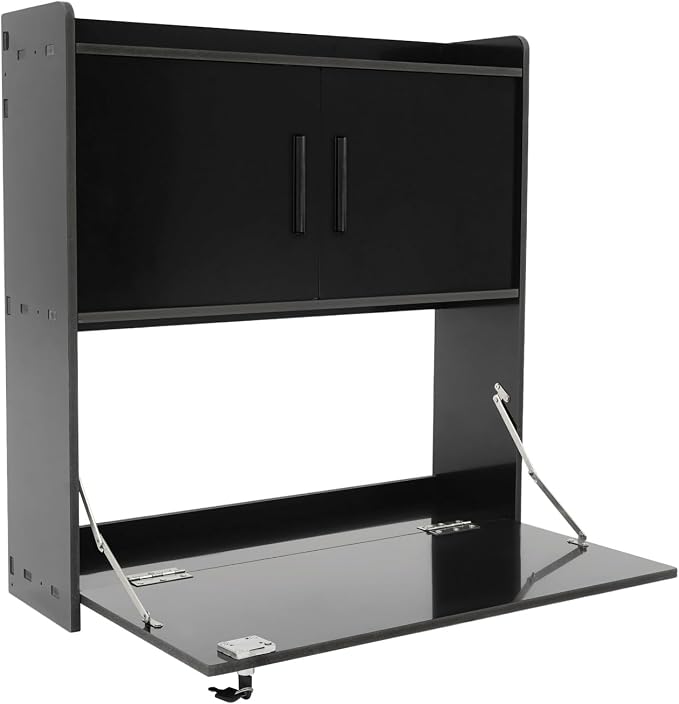 Wall Mounted Folding Desk with LED Light, Space-Saving Laptop Table for Home Office, Writing Workstation with Storage Shelves and Drawer, Floating Cabinet, 58x20x60cm (Black)