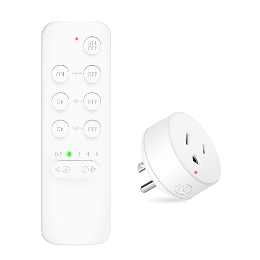 NineLeaf Remote Timer Outlet, Wireless Remote Control Plug Programmable, 500FT Long Range, 15A/1500W Plug in Light Switch, No Wiring Needed for Lamps, Fans, Christmas Lights,1Remote 1Outlet