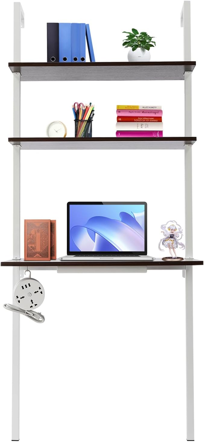 Wall Mount Desk 3 Tiers Wall Table Wall Mount Computer Writing Table Industrial Bookcase Desk Brown and White for Homes Office School
