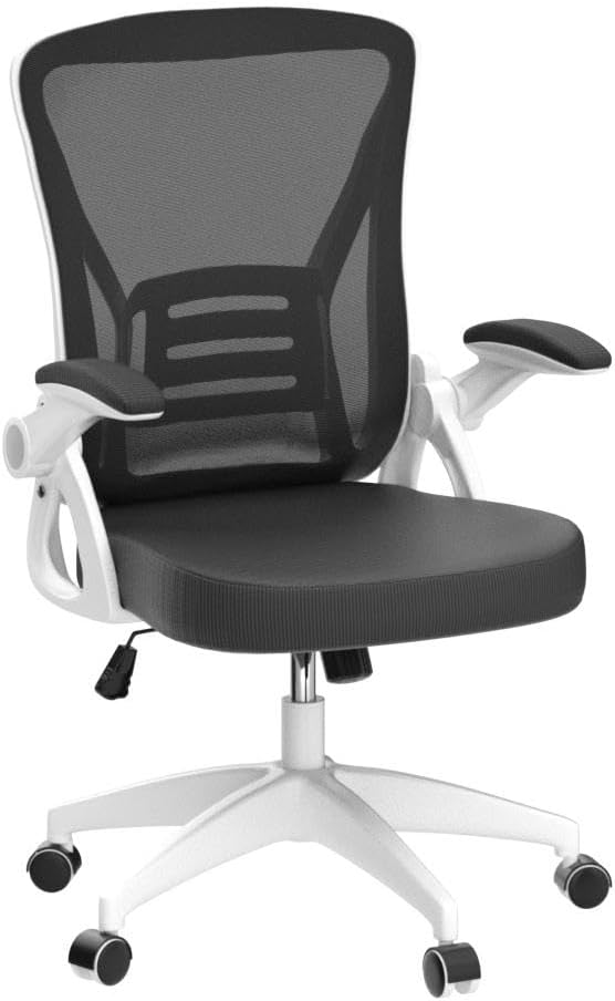 naspaluro Home Office Desk Chair Mid Back with Adjustable Height WhiteFrame | Comfy Ergonomic Chair with Flip-Up Arm and Lumbar Support, Breathable Mesh Swivel Computer Chair for Study Working Teacher