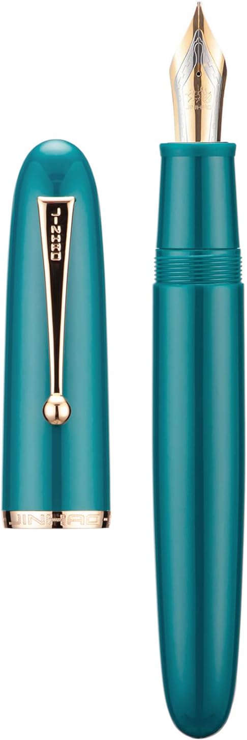 Jinhao 9019 Fountain Pen Lake Blue Acrylic Dadao Series Gold Trim #8 Fine Point Large Converter Smooth Writing Instrument