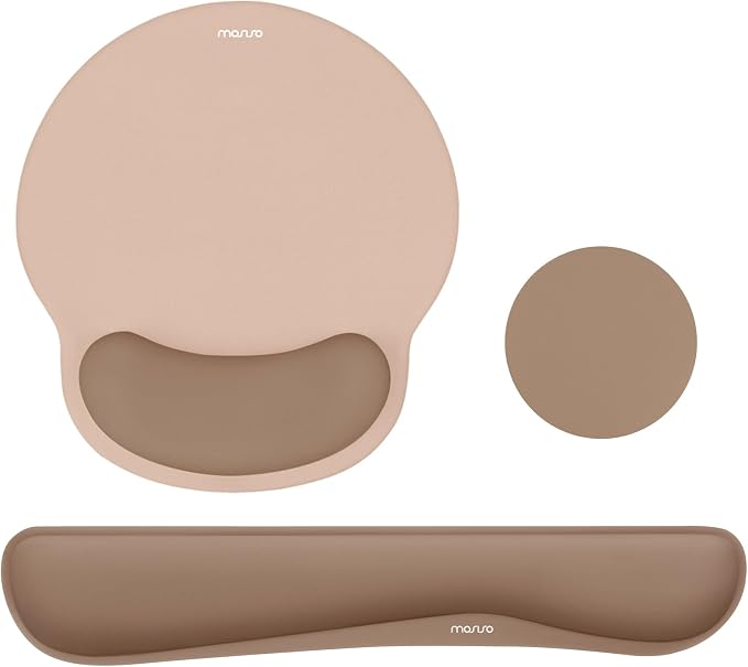 MOSISO Wrist Rest Support for Mouse Pad&Keyboard Set, Streamline Ergonomic Mousepad&Coaster Non-Slip Base Home/Office Pain Relief&Easy Typing Pad with Soft Cloth&Silicone Lining, Mocha