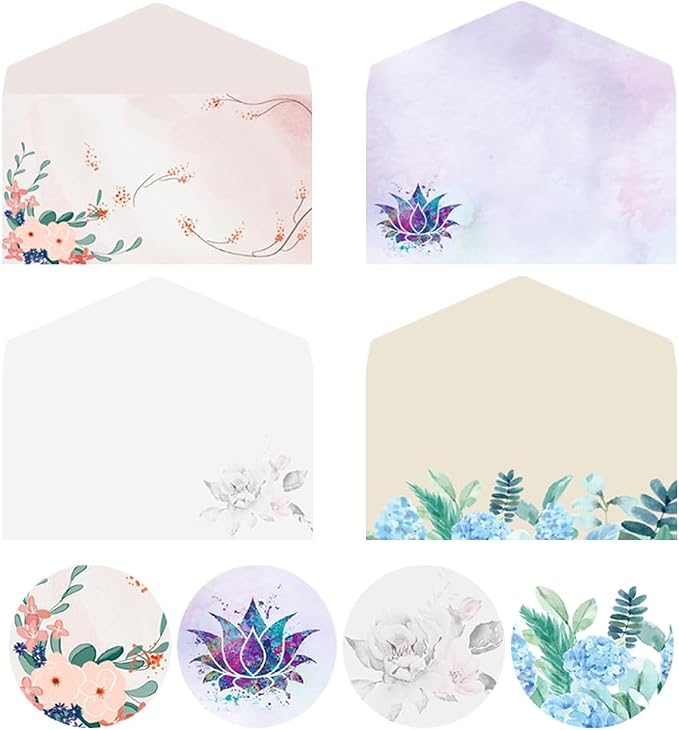 Stationery Writing Paper with Envelopes，4 Different Style Decorative Stationery Sheets， Double-sided Printing，32 Stationery Papers+16 Envelopes, 7.5" x 10.4" of Each Stationery Paper
