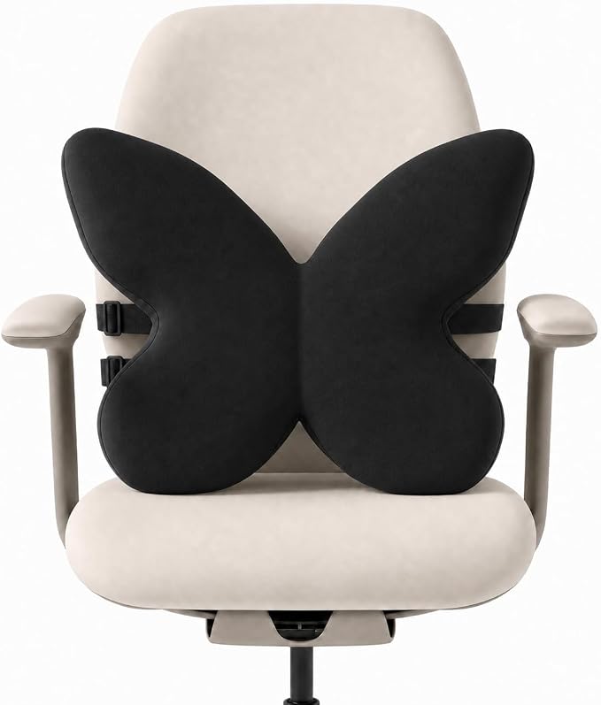 Butterfly Lumbar Support Pillow for Car and Chair, Blak | Memory foam back cushion with butterfly support, washable cover and dual adjustable straps for chairs and car seats