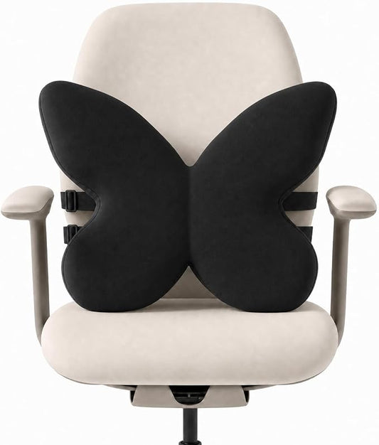 Butterfly Lumbar Support Pillow for Car and Chair, Blak | Memory foam back cushion with butterfly support, washable cover and dual adjustable straps for chairs and car seats