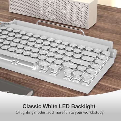 Retro Typewriter Wireless Mechanical Gaming Keyboard, Bluetooth 5.0 Office Computer Vintage Keyboards 83-Key Blue Switches Punk Round Keycap, LED Backlight, White