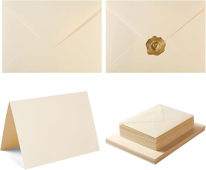 50 Pack Cream A6 Envelopes with Cards and Gold Stickers, 4x6 | With Thick Folded Cardstock, For Greeting Cards, Wedding, Birthday, Invitations, Baby Showers