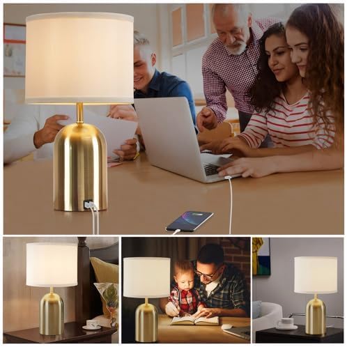 GyroVu Bedside Lamp with USB Port, Touch Control Table Lamp for Bedroom, Dimmable Modern Nightstand Lamp with Fabric Shade Gold Base for Living Room, Dorm, Home Office, LED Bulb Included
