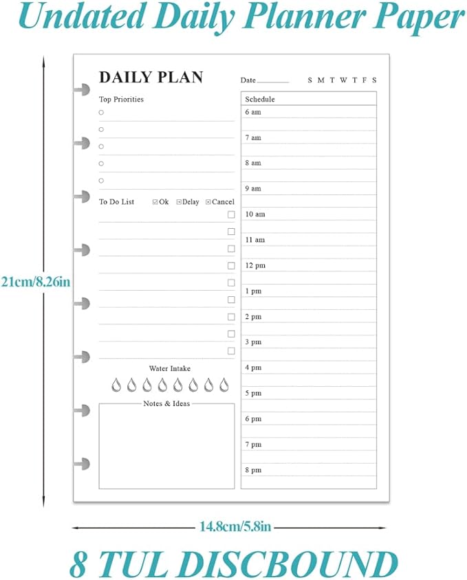ZGMJ Undated Daily Planner Refill - A5 Day Planner With Insect To Do List, 100 Sheets/200 Pages, 8-Disc Discbound Notebook, 100gsm White Paper, 5.8'' x 8.3'', Junior Size