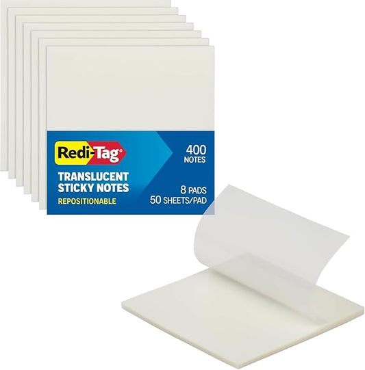 Redi-Tag Translucent Sticky Notes, Transparent Self-Stick Notes, 3" x 3", Transparent Colors, 8 Pads, 50 Notes Per Pad, 400 Sheets (1019169)