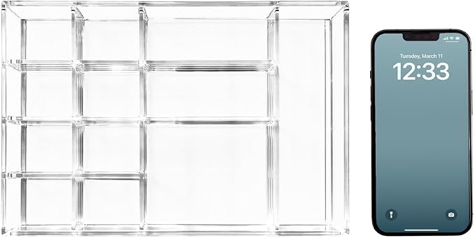 Isaac Jacobs 12-Compartment Clear Acrylic Drawer Organizer - 9.4"x6.4"x1.3" | Drawer Organizer (9.4" L x 6.4" W x 1.3" H), Multi-Sectional Storage Solution for Makeup, Office Supplies, Bathroom, Kitchen