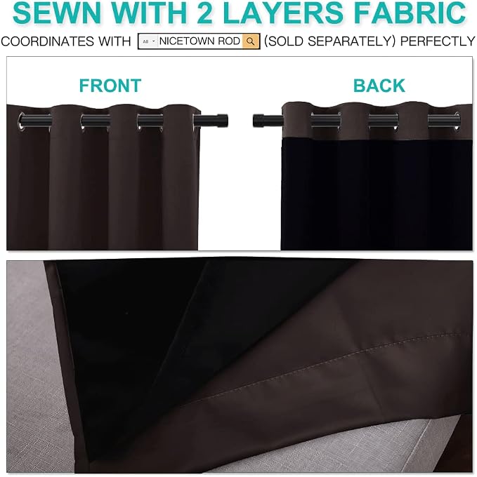 NICETOWN High End Thermal Curtains, Full Blackout Curtains 84 inches Long for Dining Room, Soundproof Window Treatment Drapes for Hall Room, Brown, 52 inches Wide Per Panel, Set of 2 Panels