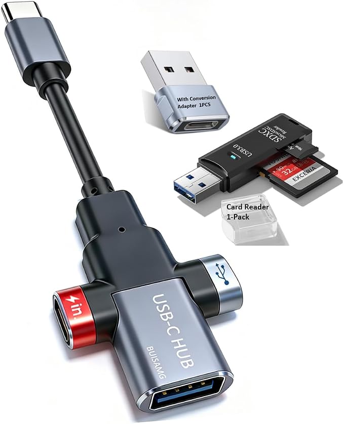 BUISAMG Small USB C HUB for Laptop, 60W Fast Charging and 480Mbps Data Transfer USB C Docking Station, USB C Splitter, USB C Dongle for MacBook Pro, iMac, iPhone 17, XPS. (HUB+USB Adapter 3-pcs)