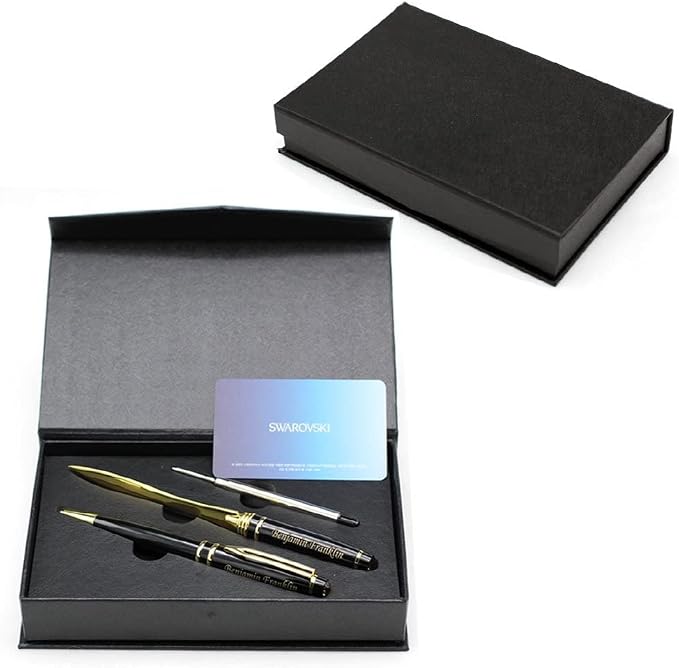 Custom Engraved Executive Pen Gift Set – Personalized Brass Ballpoint Pen with Matching Paper Tool – Elegant Gift Box (Black)