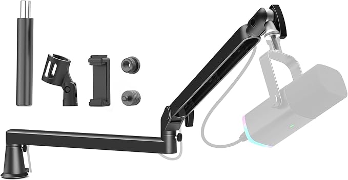Low Profile Mic Arm 15cm Extra Riser Adjustable Mic Boom Arm Metal Desk Mounted Microphone Stand Cable Management Flexible Microphone Holder for Podcast Streaming Gaming Desktop