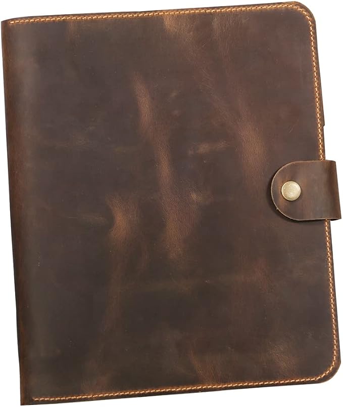 D&M Leather Studio Handmade Leather 3 Ring Binder Portfolio, Letter Size 8.5 x 11, Vintage Organizer Folder with Pockets, Pen Holder & Snap Closure, Brown