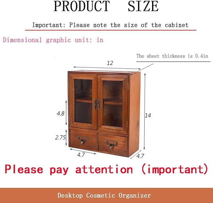 Rustic Apothecary Cabinet - 12" L x 4.7" W x 14" H Vintage Pine Countertop Cabinet with 2 Shatterproof Clear Doors & 2 Drawers, Small Spice Organizer for Kitchen, Bathroom, Office (Brown)