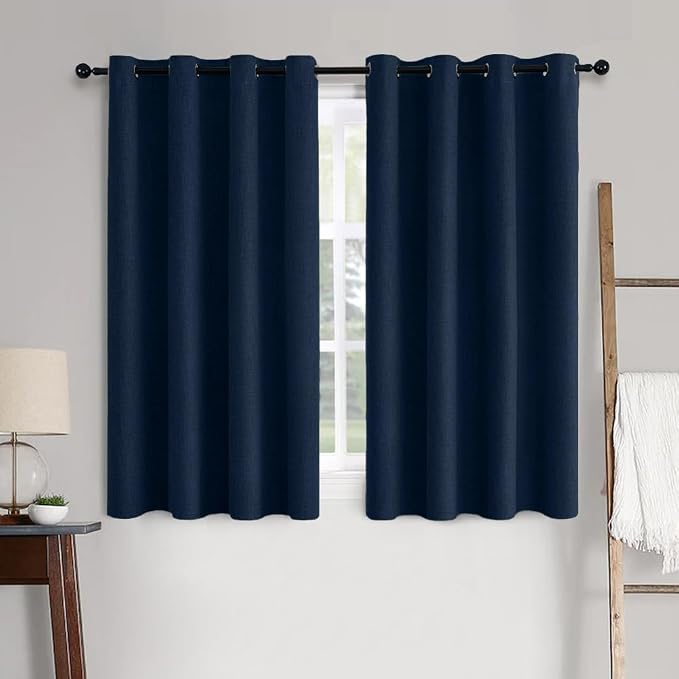 MIULEE Linen Textured Curtains for Bedroom Solid 100% Blackout Thermal Insulated Midnight Blue Grommet Room Darkening Curtains & Drapes Luxury Decor for Living Room 52 x 63 Inch (2 Panels)
