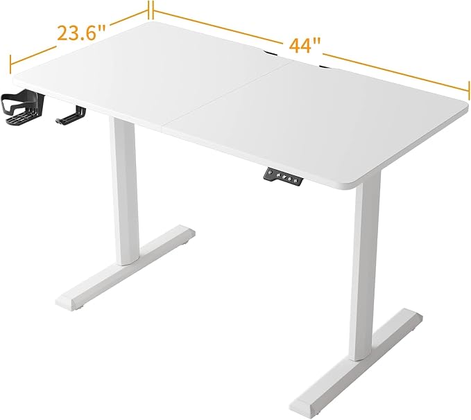 FEZIBO Height Adjustable Electric Standing Desk, 44 x 24 Inches Stand up Table, Sit Stand Home Office Desk with Splice Board, White