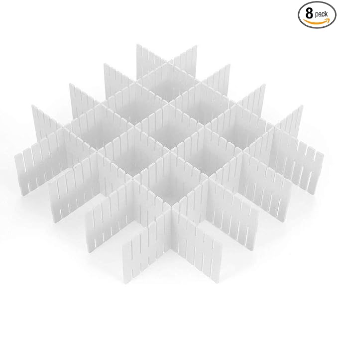 ShineMe Drawer Dividers, 8pcs Drawer Divider Organizers, White DIY Plastic Grid, Plastic Adjustable Drawer Dividers, Household Storage Makeup Socks Underwear Organizer for Clothes, Kitchen, Office