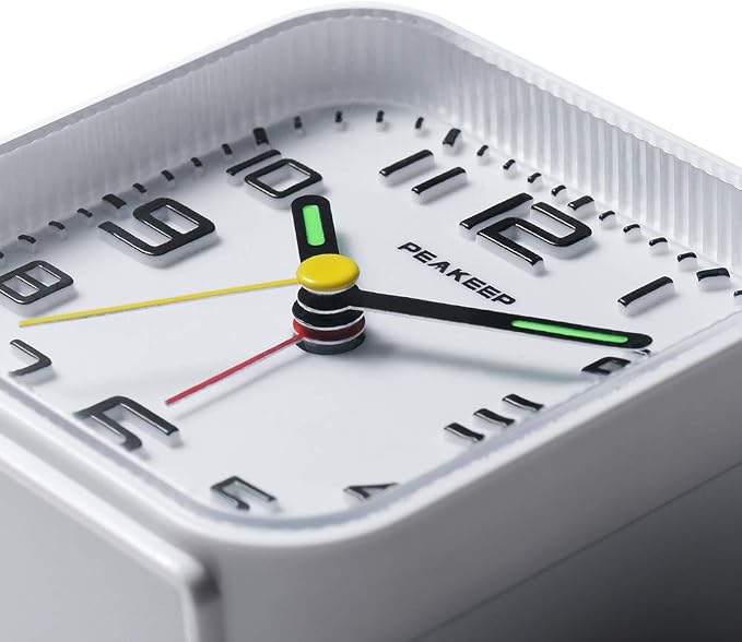 Peakeep 3D Numbers No Tick-Tock Analog Alarm Clock Classic Beep Sound | Snooze, Manual Light and Battery Powered Small for Travel (White-3D)