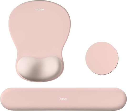 MOSISO Wrist Rest Support for Mouse Pad&Keyboard Set, Pink | Curved Ergonomic Mousepad&Coaster Non-Slip Base Home/Office Pain Relief&Easy Typing Cushion with Soft Cloth&Silicone Lining