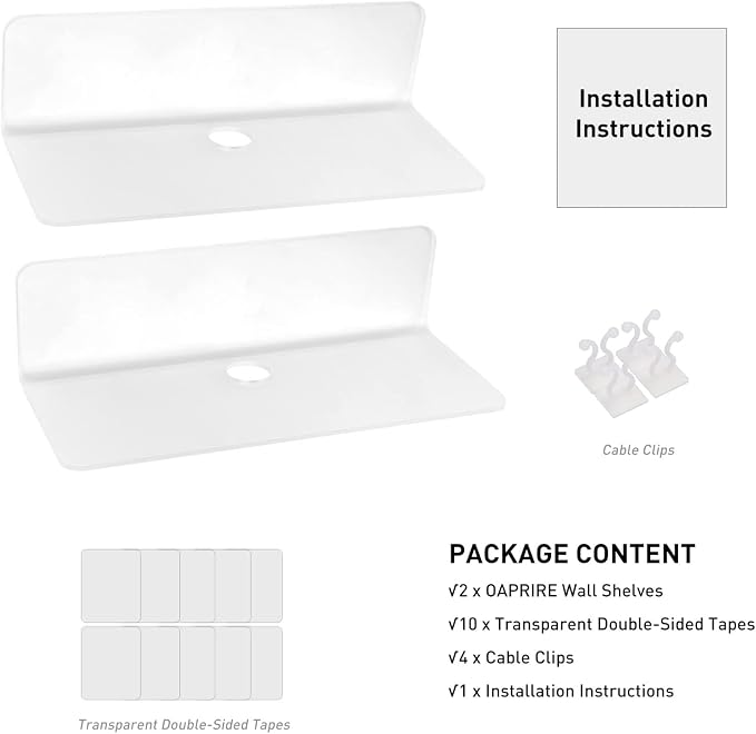 OAPRIRE Acrylic Floating Shelves Set of 2 - Damage Free Expand Wall Space - 9 Inch Adhesive Shelf for Bedroom, Bathroom, Kitchen, Shelves for Wall Decor with Cable Clips (Frosted)