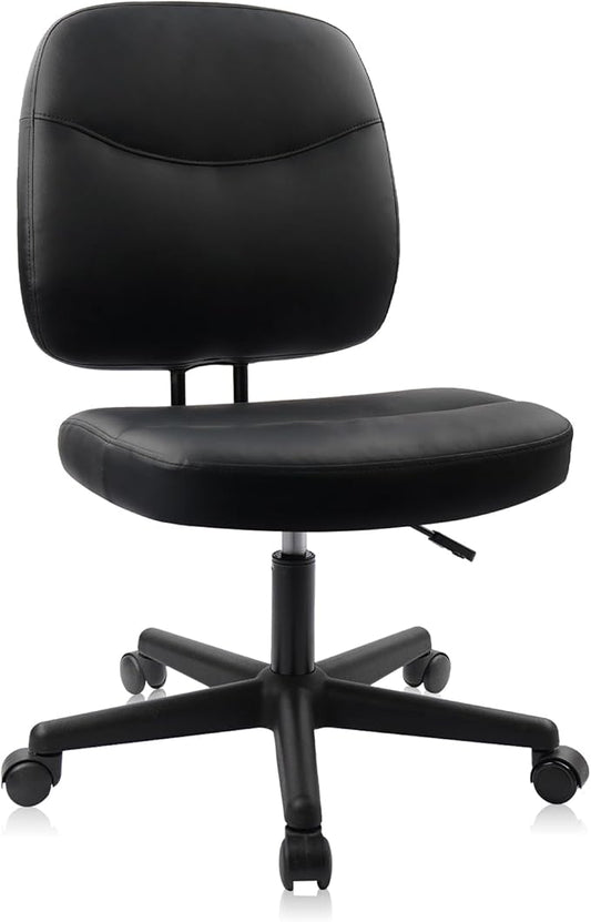 CLATINA Armless Home Office Chair,Small PU Leather Ergonomic Low Back Desk Chair with Lumbar Support and Wheels, Adjustable Height 360° Swivel Rolling Computer Task Chair, Black