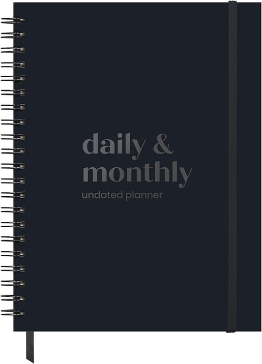 Undated Daily Planner | 2026 Calendar | Large Daily and Monthly Planner with Hourly Schedule, 8.5" x 11" | 6 Month, Full Page a Day, To do List, Time Blocking, Black Aesthetic Hardcover Spiral Notebook
