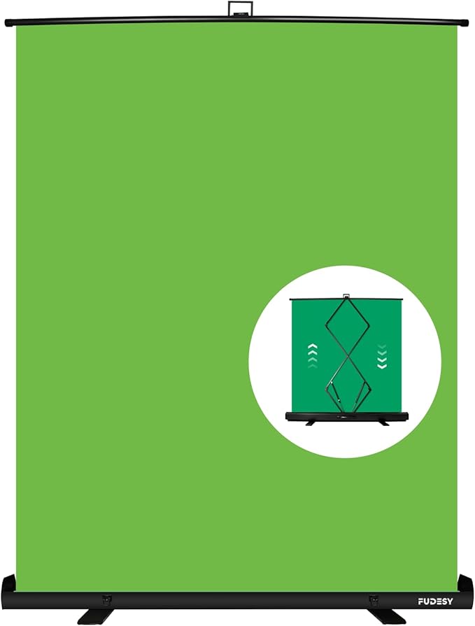 FUDESY 61 x 77.5in Collapsible Green Screen, Portable Retractable Chroma Key Backdrop, Wrinkle-Resistant Fabric Pop Up Photo Background with Stand for Streaming, Video Conference, Photographic Studio