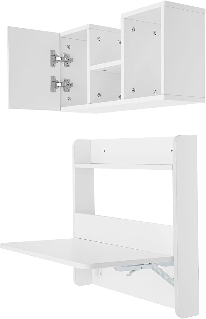 Floating Desk, 24" Wall Mounted Folding Desk with Bookshelf Folding Wall Desks Space Saving Workstation with Storage Shelves for Home Office Bedroom Study Room Small Space