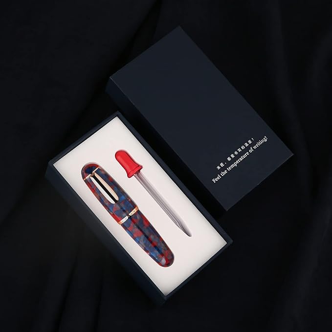 Majohn Q1 Fountain Pen Extra Fine Nib Blue Red Acrylic, Little Fat Man Eyedropper Filling Pocket Pen Large Capacity