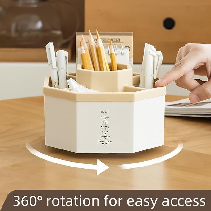 Jekelife 360 Degree Rotating Pen Holder,5-Compartment Desk Organizer,Beige | Five divided compartments and a smooth rotating base keep pens, pencils, markers, scissors and art supplies within reach.