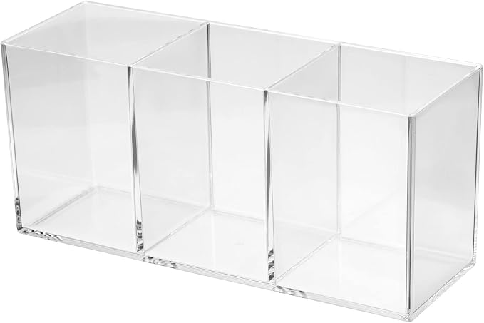 PATIKIL 3 Compartments Clear Acrylic Pen Holder, Pencil Holder Pen Organizer Pencil Cup Makeup Brush Holder Square for Countertop Desk, Transparent
