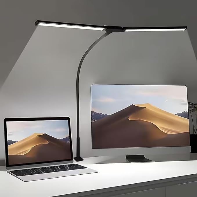 33" Ultra Wide LED Desk Lamp with Clamp,Double Head Adjustable Architect Light,Eye-Caring Monitor Lamp for Home Office,Flexible Gooseneck Task Lamp,10 Brightness Levels & 3 Color Temperature Modes