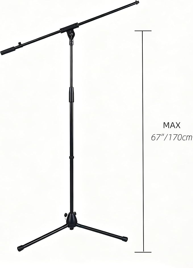 Heavy-Duty Adjustable Floor Microphone Stand with 360° Rotating Boom Arm & Tripod Base, Max 67" Height for Podcast, Live Singing, Recording, and Stage Performance (Black)
