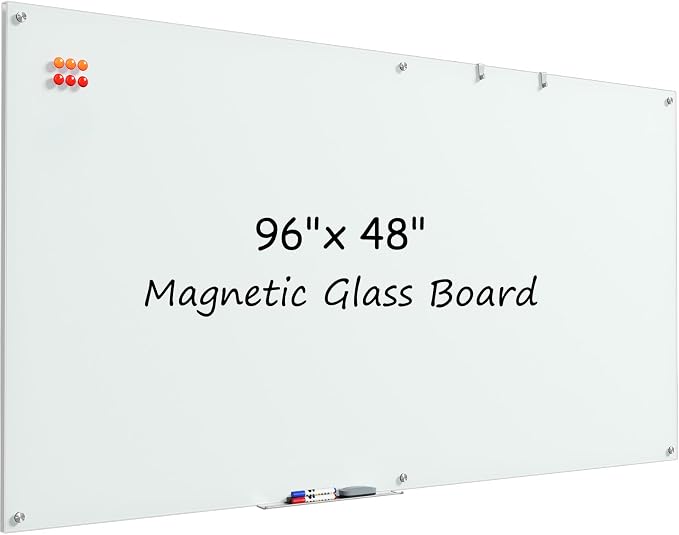 MaxGear Glass Whiteboard Tempered Magnetic Dry Erase Board 72x48 Inch | Magnetic Steel,Frameless Design,Smooth Writing,Ghost Free,Wall Mounted,Accessory Kits,Office Classroom Conference Room Use
