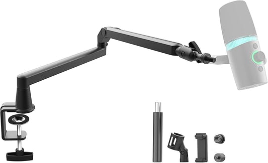 Low Profile Mic Arm 15cm Extra Riser Adjustable Mic Boom Arm Metal Desk Mounted Microphone Stand Cable Management Flexible Microphone Holder for Podcast Streaming Gaming Desktop