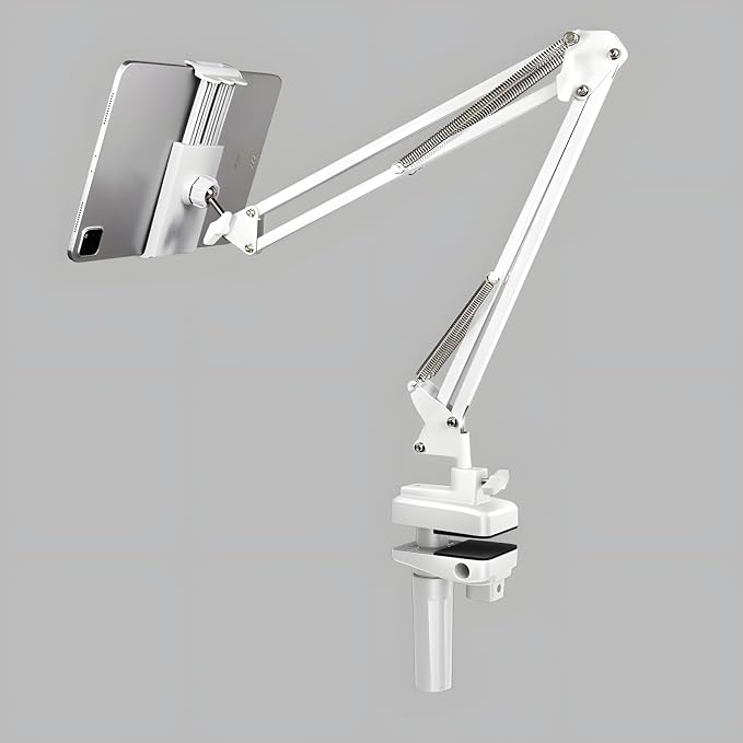 Desk Clamp Mount For Microphone Suspension Boom Scissor Arm Stand Holder, 5 Ways Boom Arm Insert Holes(12mm), Stable Installation on Tables/Beds up to 3.2 inches Thickness (White)