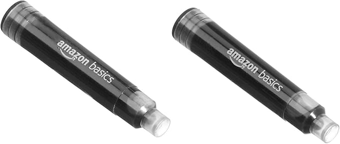 Amazon Basics Refillable Fountain Pen with Smooth Writing, Medium Point, Black Metal Barrel, Black Ink, 2 Replacement Cartridges