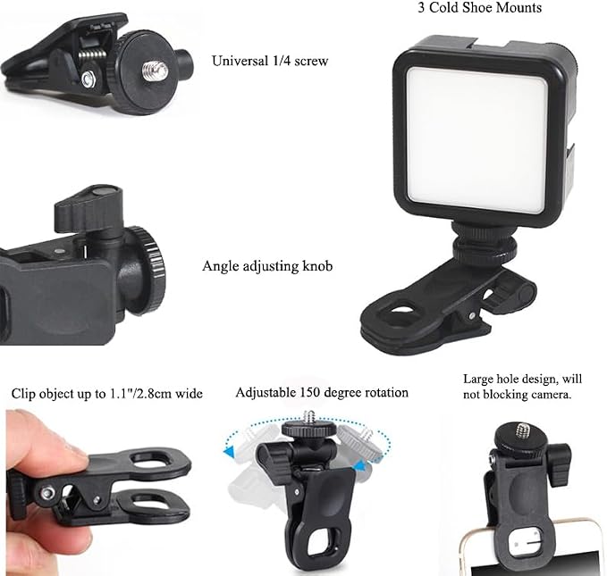 Selfie Light w/ 3 Cold Shoe Mounts, Dimmable Video Conference/Vlogging/Photography/Video Recoarding/Live Streaming, Clip On Lighting Kit for Phone/Tablet/Laptop/Camera